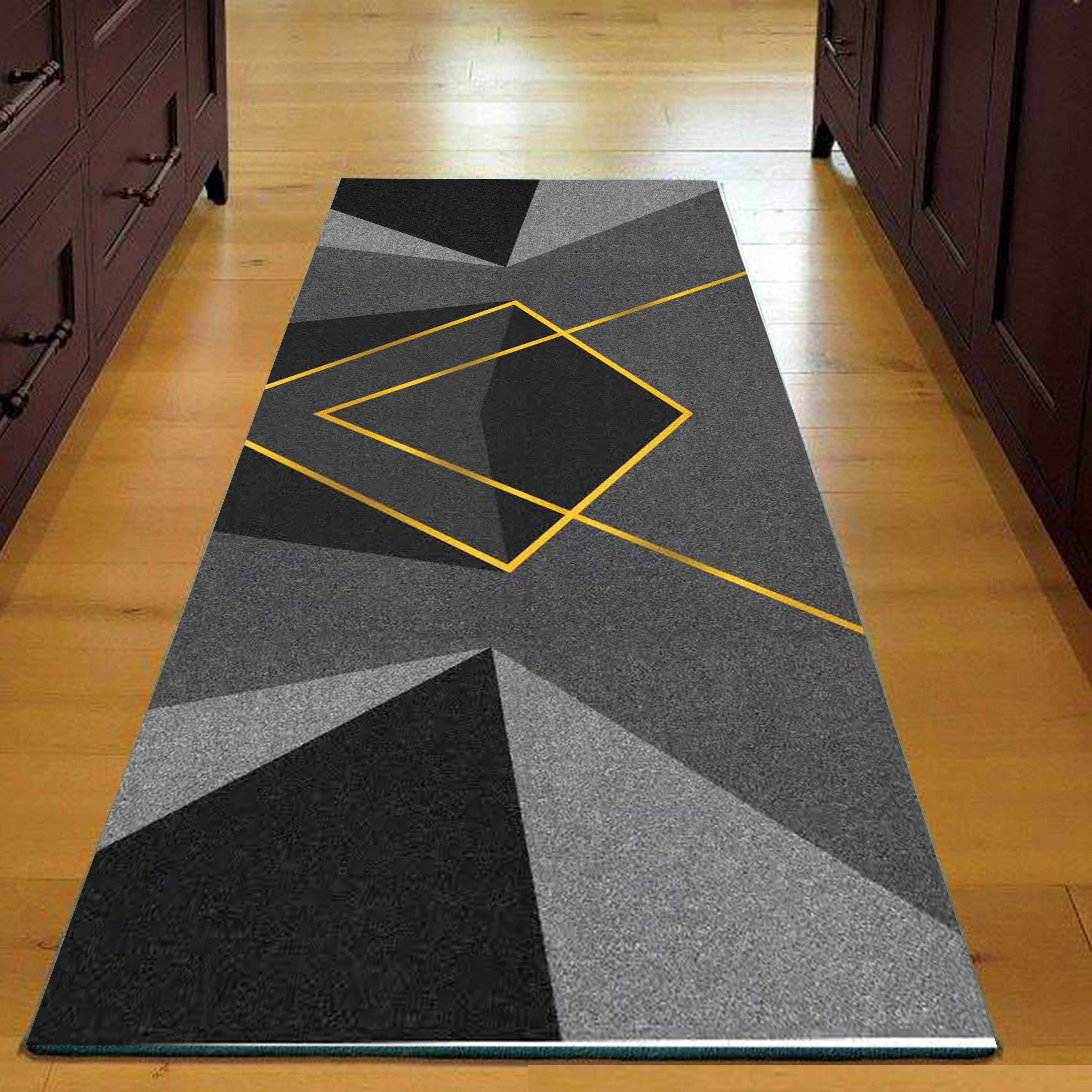 فرش راهرویی مدرن با طرح هندسی زرد و خاکستری - فرشینه و فرش چاپی کد R146