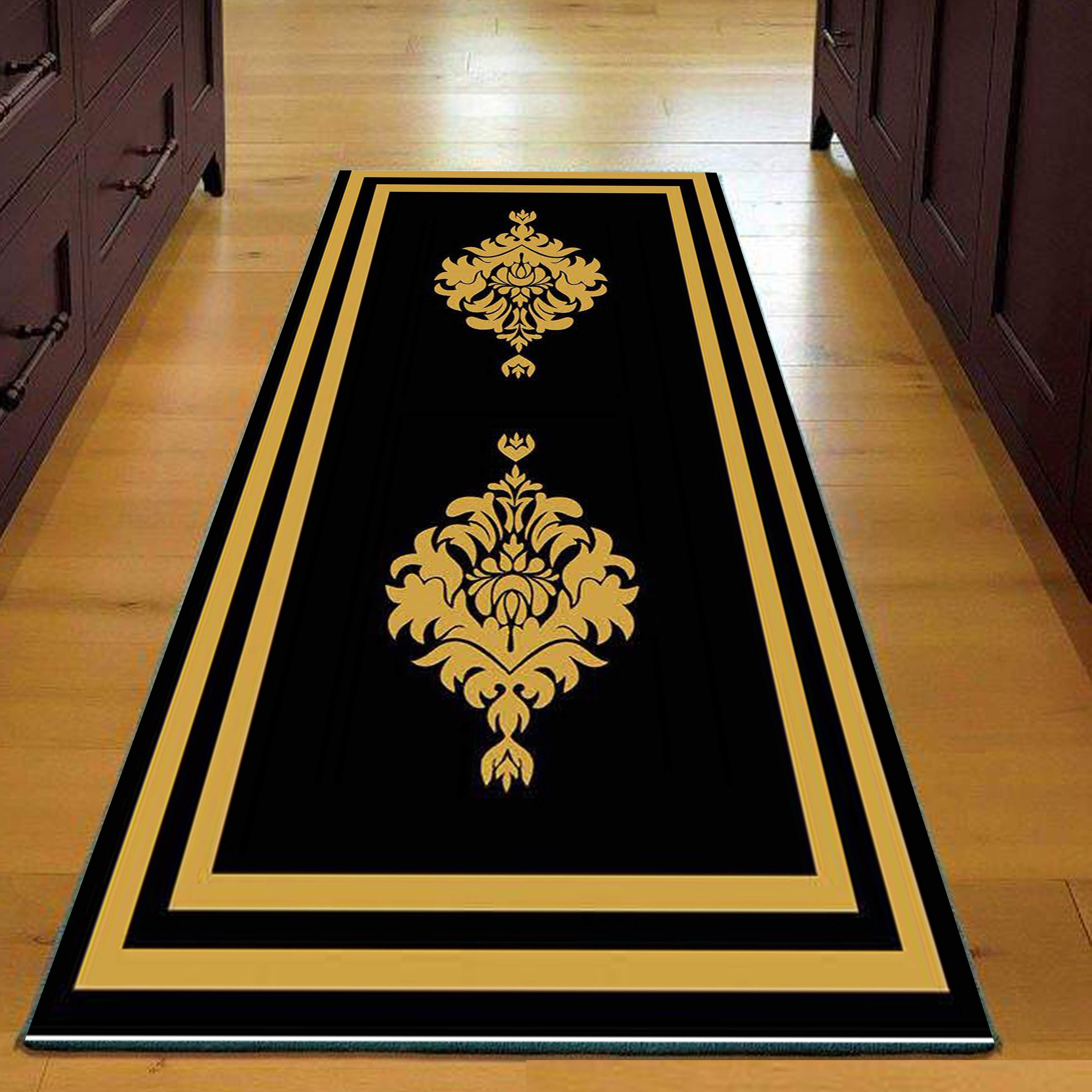 فرش راهرویی لوکس با حاشیه طلایی - فرشینه و فرش چاپی کد R143